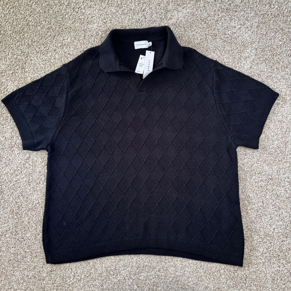 Topman Mens XL‎ Black Diamond Textured Knit Short Sleeve V-Neck Polo Shirt NWT
